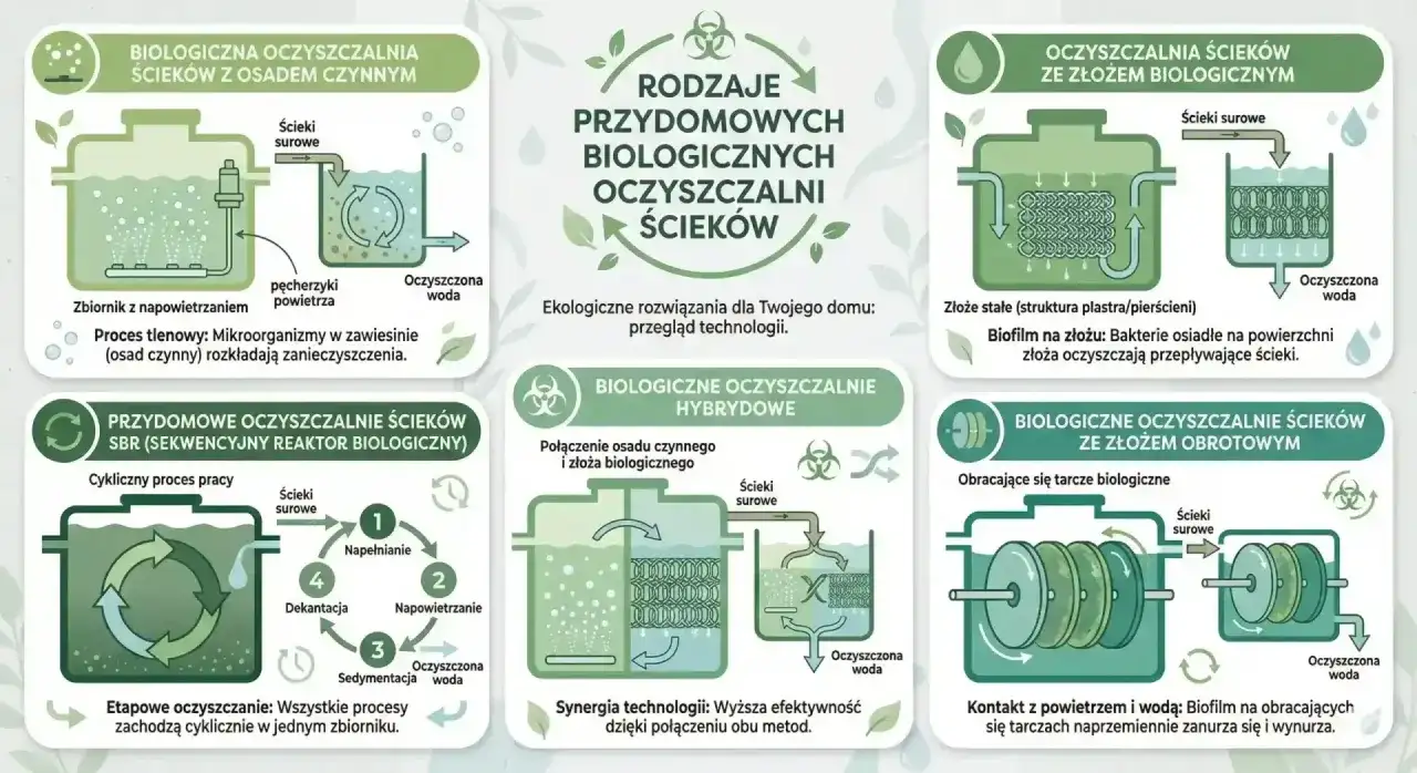 Schemat pokazuje, jak działa przydomowa oczyszczalnia ścieków. Różne technologie, jak osad czynny, złoże biologiczne, SBR, hybrydowe i obrotowe, oczyszczają ścieki.