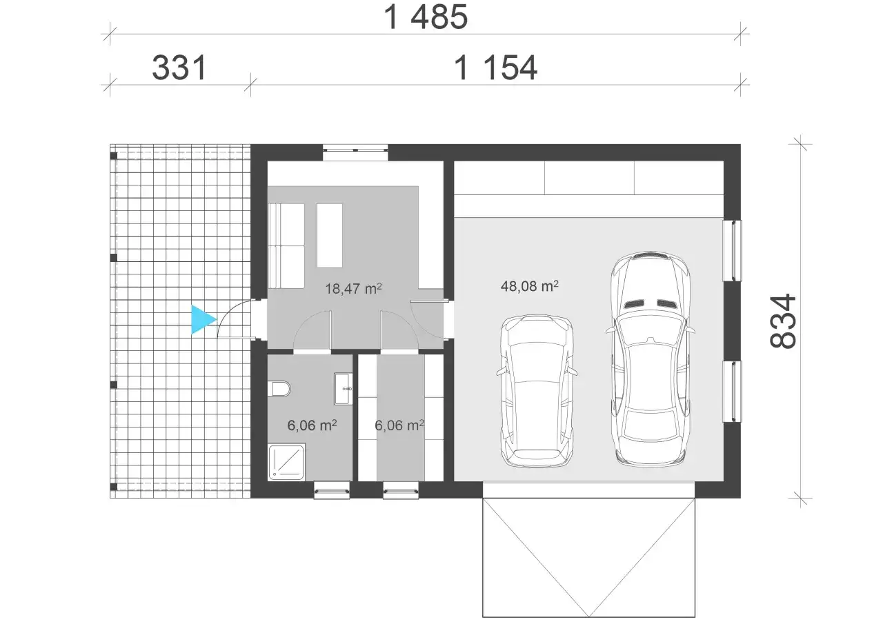 Rzut garażu dwustanowiskowego z wymiarami: 48,08 m² na dwa auta, pomieszczenie gospodarcze 18,47 m², łazienka 6,06 m².