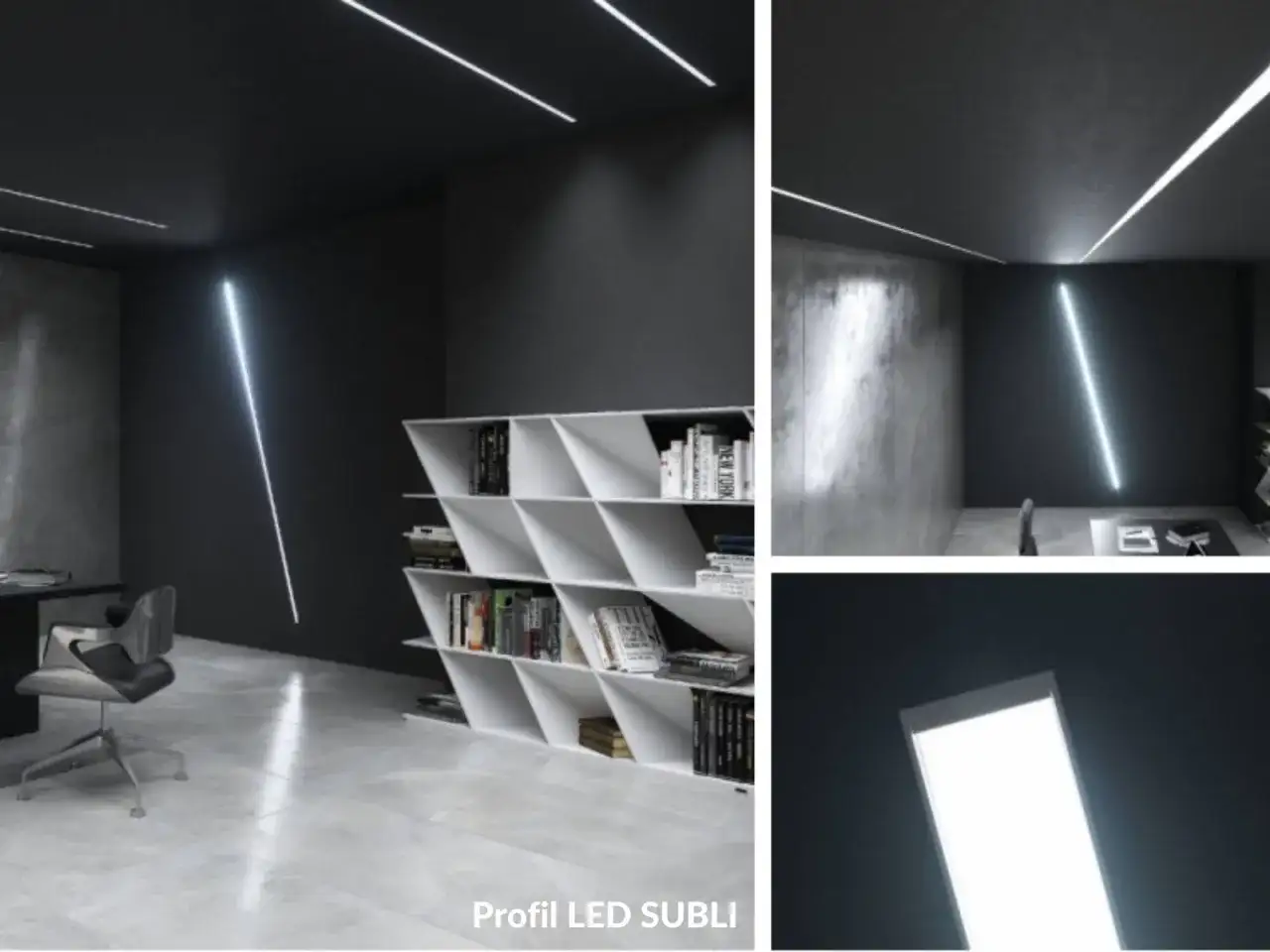 Nowoczesne wnętrze z białym regałem i oświetleniem. Widać profil LED w ścianie, który tworzy ciekawy efekt świetlny.