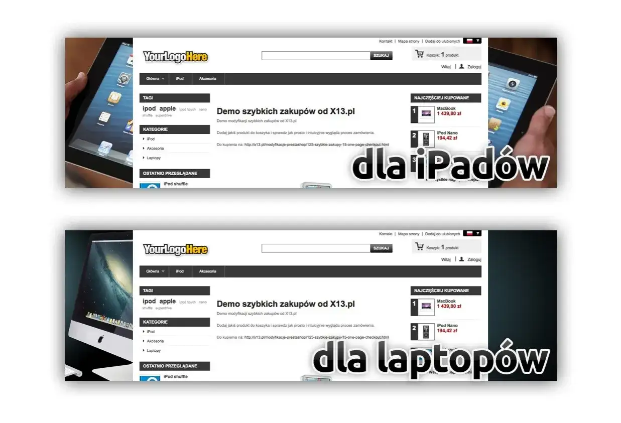 Dwa ekrany z przykładami stron internetowych: jeden z tabletem, drugi z komputerem.