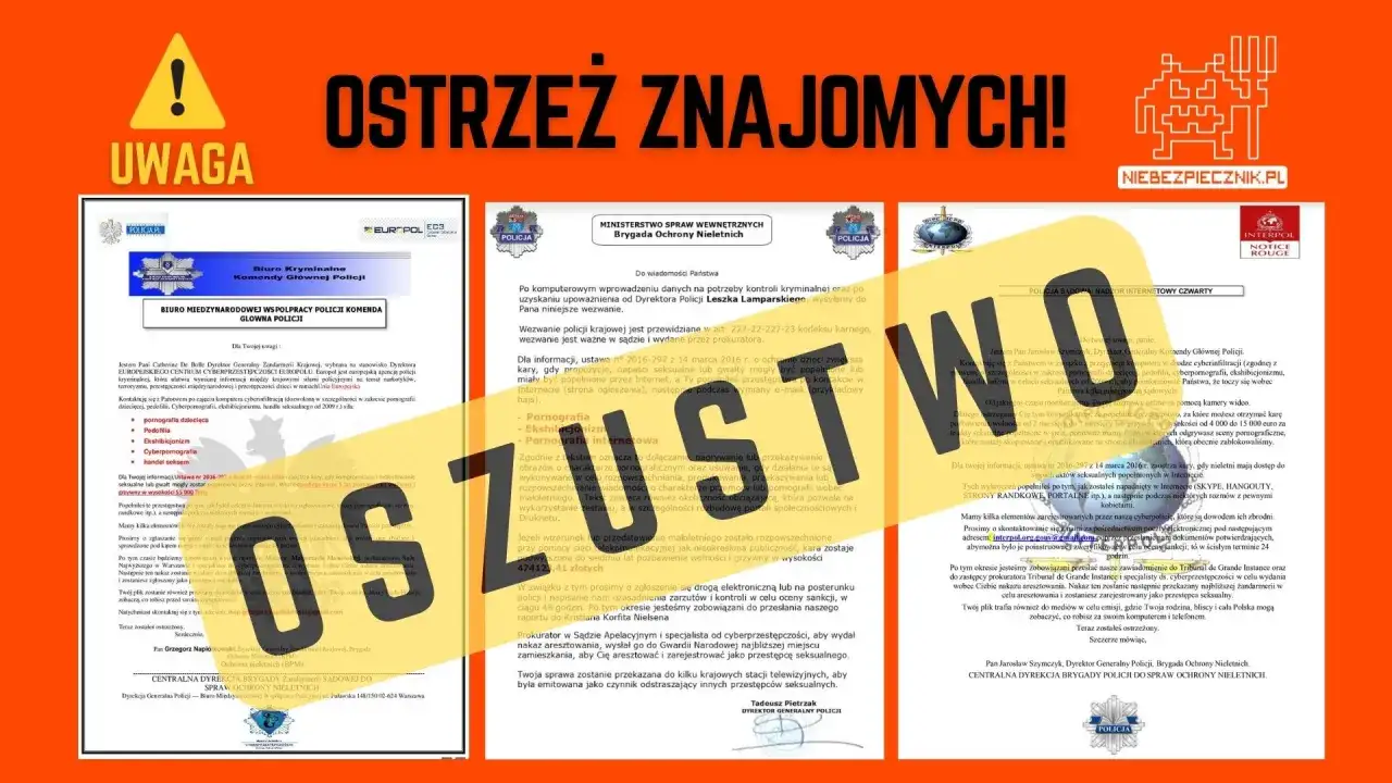 Żółty dokument z tekstem "OSTROŻNIE ZNAJOMYCH!" i pieczątkami policji.