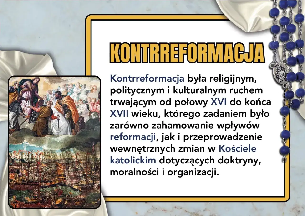 Obraz przedstawia fragment obrazu z postaciami i flotą statków oraz fragment tekstu o kontrreformacji.