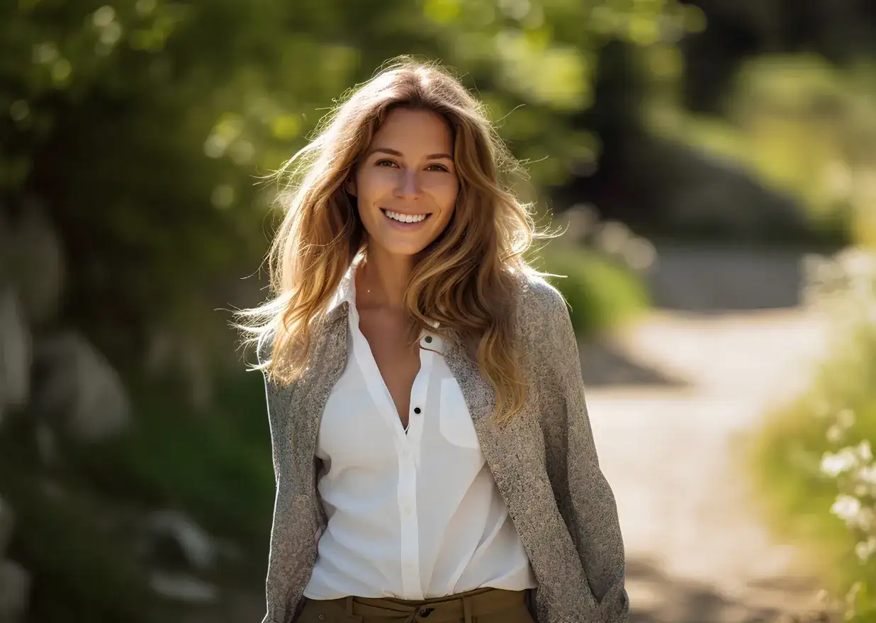 Uśmiechnięta aktorka, jakby zgaszone lato, w białej koszuli i narzutce, na tle zieleni.