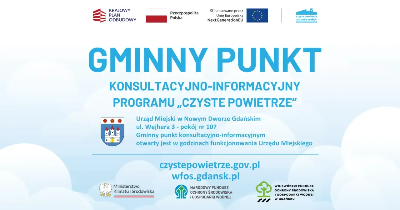 Grafika z napisem "Gminny Punkt Konsultacyjno-Informacyjny Programu Czyste Powietrze" i danymi kontaktowymi.