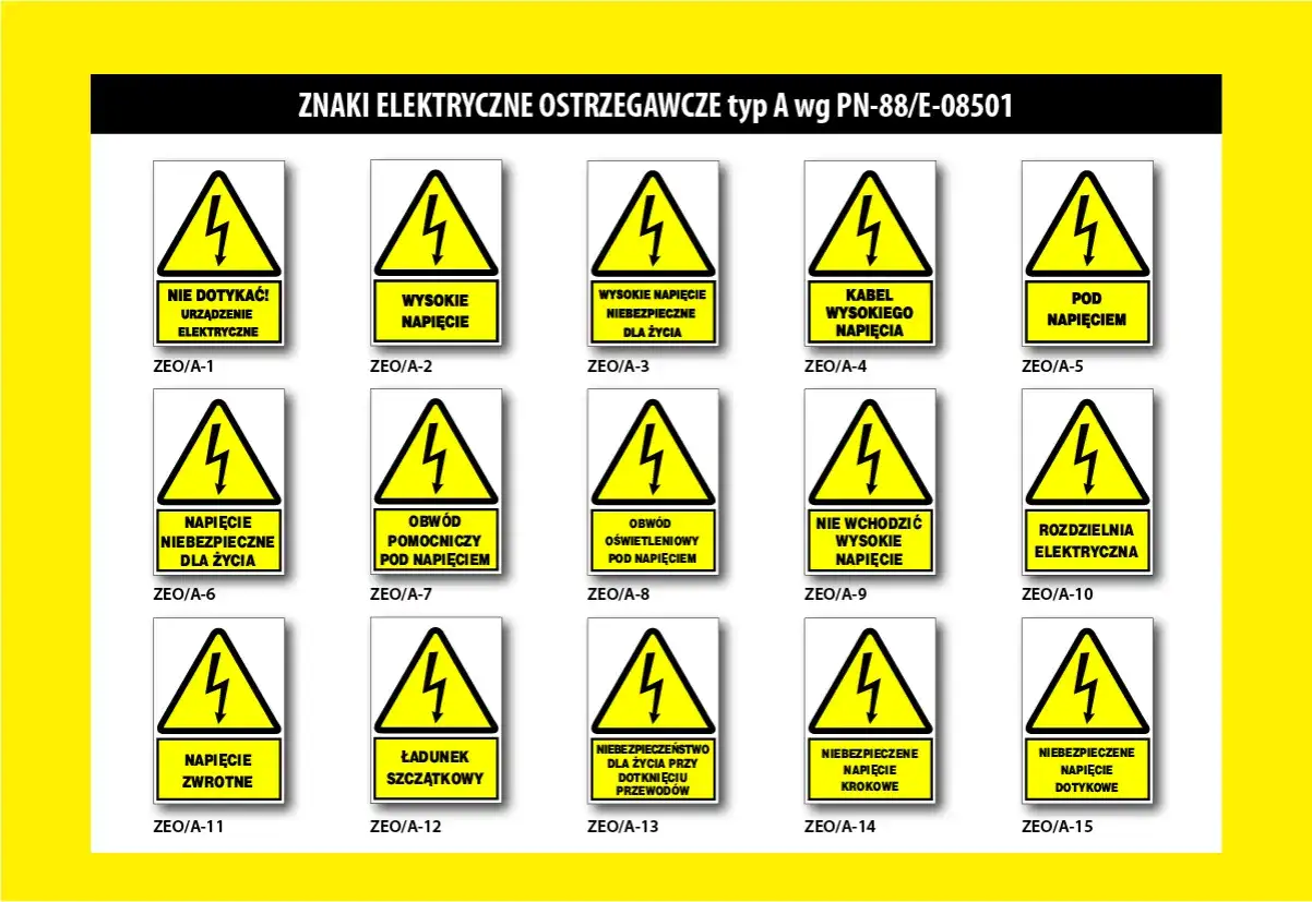 Zestaw piktogramów elektrycznych ostrzegawczych: "Nie dotykać!", "Wysokie napięcie", "Pod napięciem", "Nie wchodzić", "Rozdzielnia elektryczna".