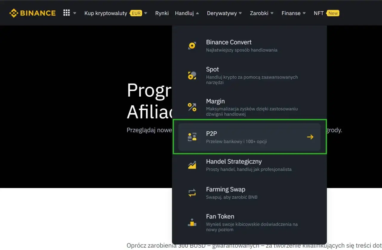 Menu Binance z opcją P2P (Przelew bankowy i 100+ opcji) podświetloną na zielono.