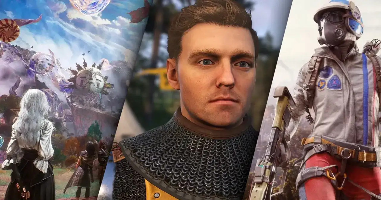 Trzy fragmenty gier: fantastyczny świat, rycerz i postać w skafandrze.