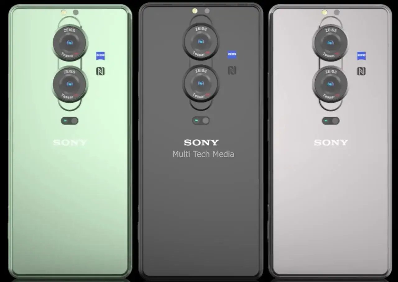 Trzy telefony Sony Xperia Pro-I Mark II w kolorach zielonym, czarnym i srebrnym, z charakterystycznym modułem aparatów.