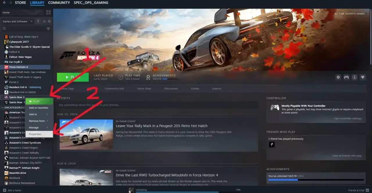 Ekran Steam z menu kontekstowym gry "Saints Row 2" otwartym na opcji "Właściwości".