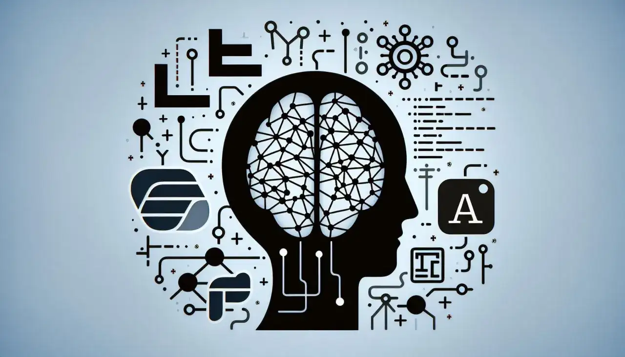 Grafika przedstawia sylwetkę głowy z mózgiem, otoczoną symbolami technologicznymi i naukowymi. Zastanawiasz się, jaki język programowania do sztucznej inteligencji wybrać?