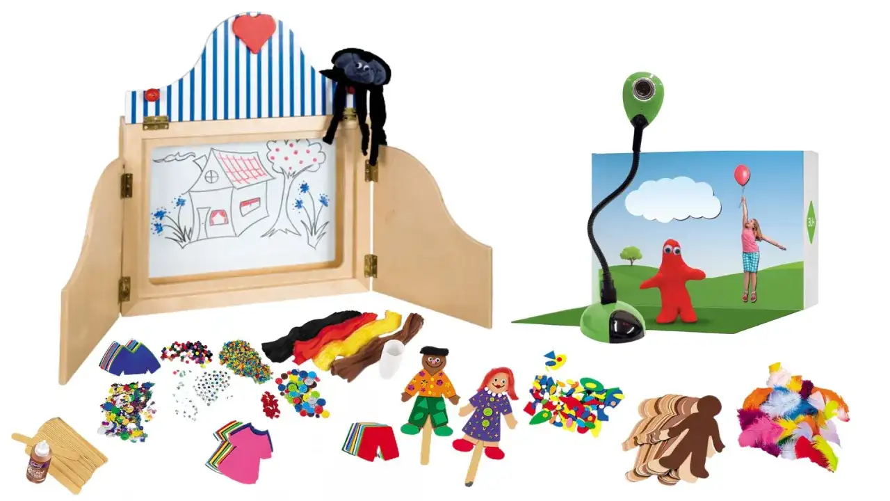 Zestaw do tworzenia animacji poklatkowej: teatrzyk, kamera, postacie z plasteliny, piórka i inne akcesoria.
