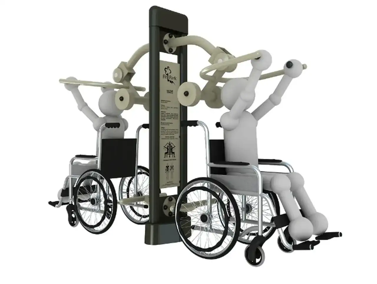 Dwie postacie na wózkach ćwiczą na siłowni dla niepełnosprawnych. Sprzęt jest dostosowany do ich potrzeb, umożliwiając aktywność fizyczną.