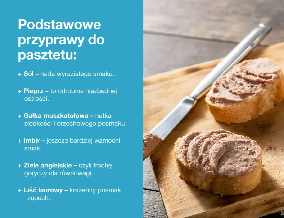 Podstawowe przyprawy do pasztetu drobiowego: sól, pieprz, gałka muszkatołowa, imbir, ziele angielskie i liść laurowy.