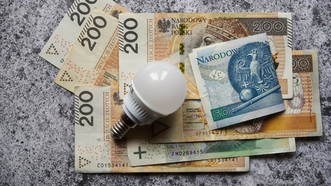 Żarówka LED na stosie banknotów 200 zł i 50 zł. Zastanawiasz się, ile za prąd miesięcznie zapłacisz?