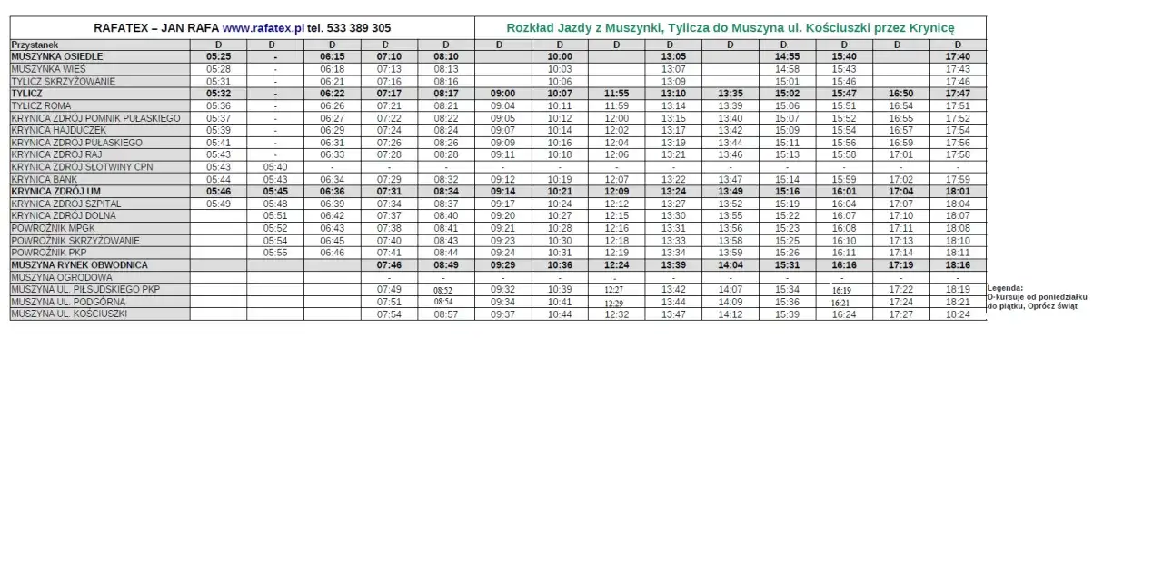 Tabela z rozkładem jazdy autobusów na trasie Limanowa - Nowy Sącz, z zaznaczonymi godzinami odjazdów.