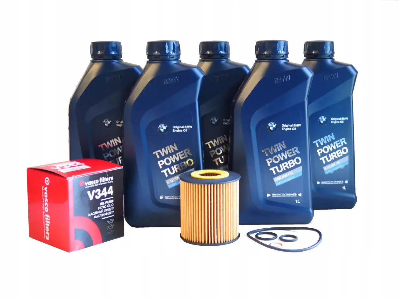 Butelki oleju silnikowego BMW Twin Power Turbo, filtr oleju Vasco Filters V344 i uszczelki.