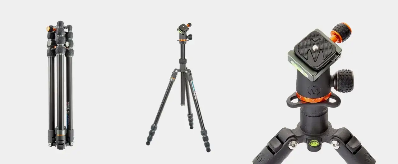 Złożony i rozłożony statyw do aparatu z kulową głowicą. Idealny, jaki statyw do aparatu dla każdego fotografa.