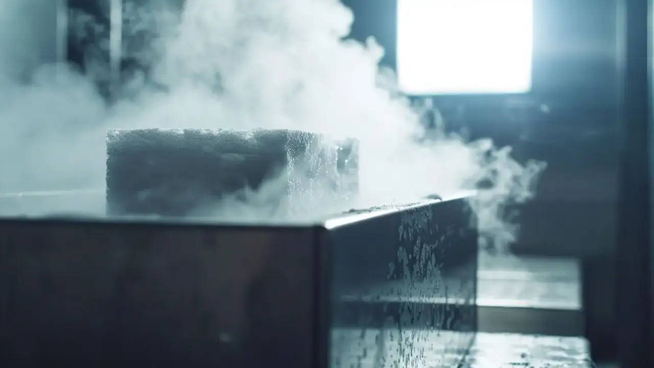 Kostka suchego lodu z gęstą mgłą unoszącą się wokół.