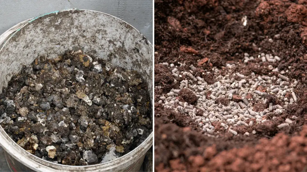 Jak zrobić płynny nawóz z obornika granulowanego? W wiadrze obornik, w ziemi granulki nawozu.