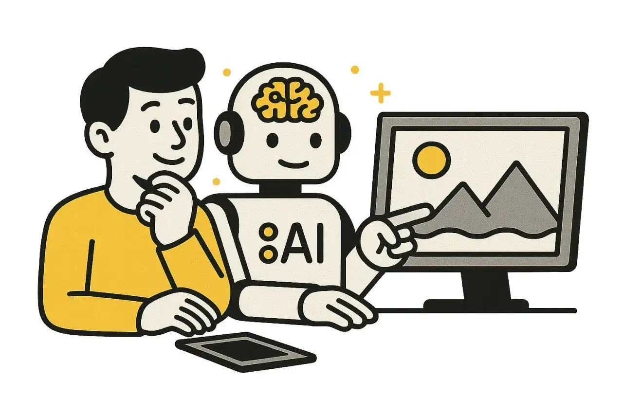 Człowiek zastanawia się, czy sztuczna inteligencja ma świadomość, gdy robot AI wskazuje na obraz na monitorze.