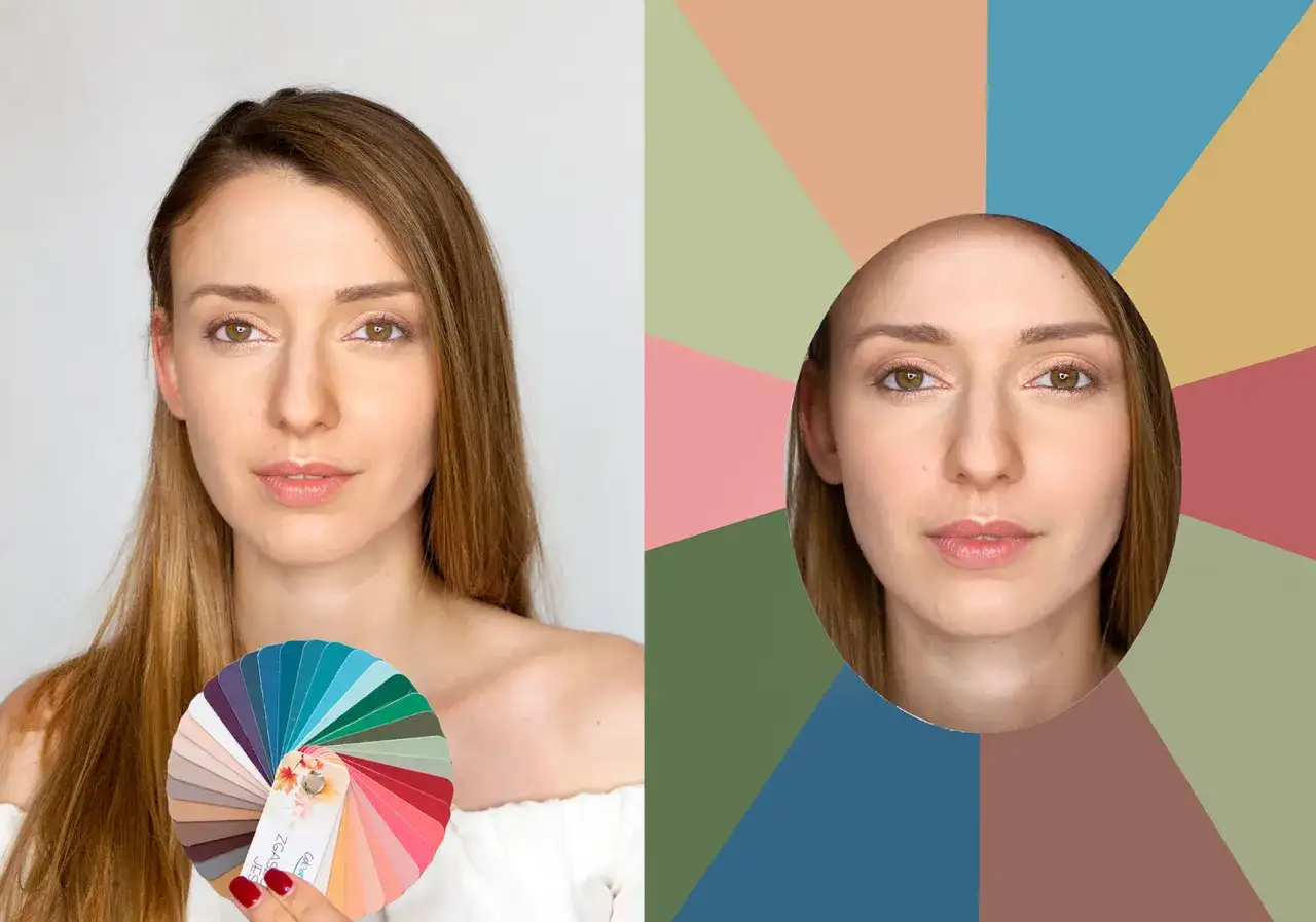 Kobieta z paletą barw "zgaszona jesień" obok swojego portretu na tle geometrycznych kształtów.