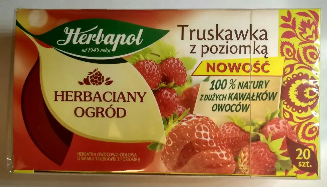 Herbapol Herbaciany Ogród Truskawka z poziomką. Czy herbata owocowa ma kalorie? Ta naturalna, owocowo-ziołowa z dużymi kawałkami owoców, nie zawiera kalorii.