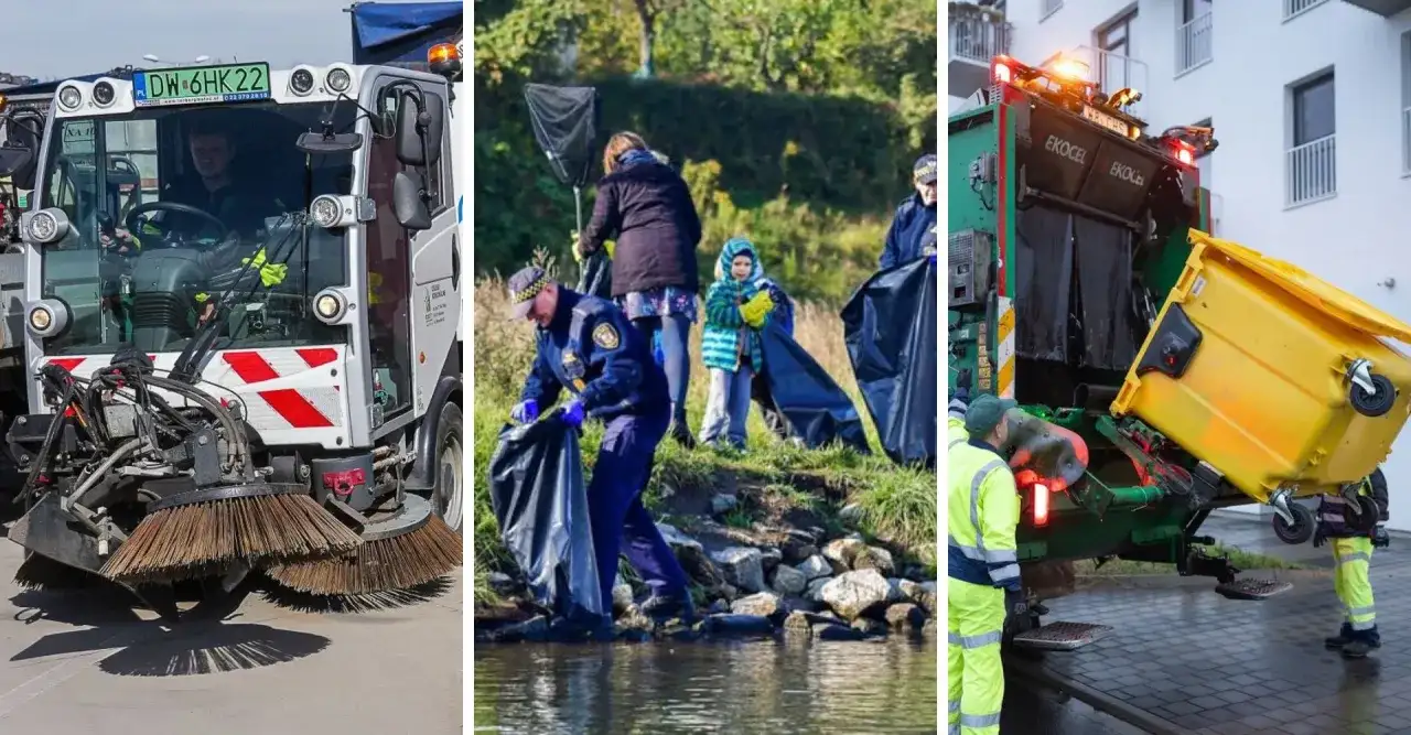Tiraz: zamiatarka uliczna, sprzątanie brzegu rzeki, wywóz śmieci przez śmieciarkę.