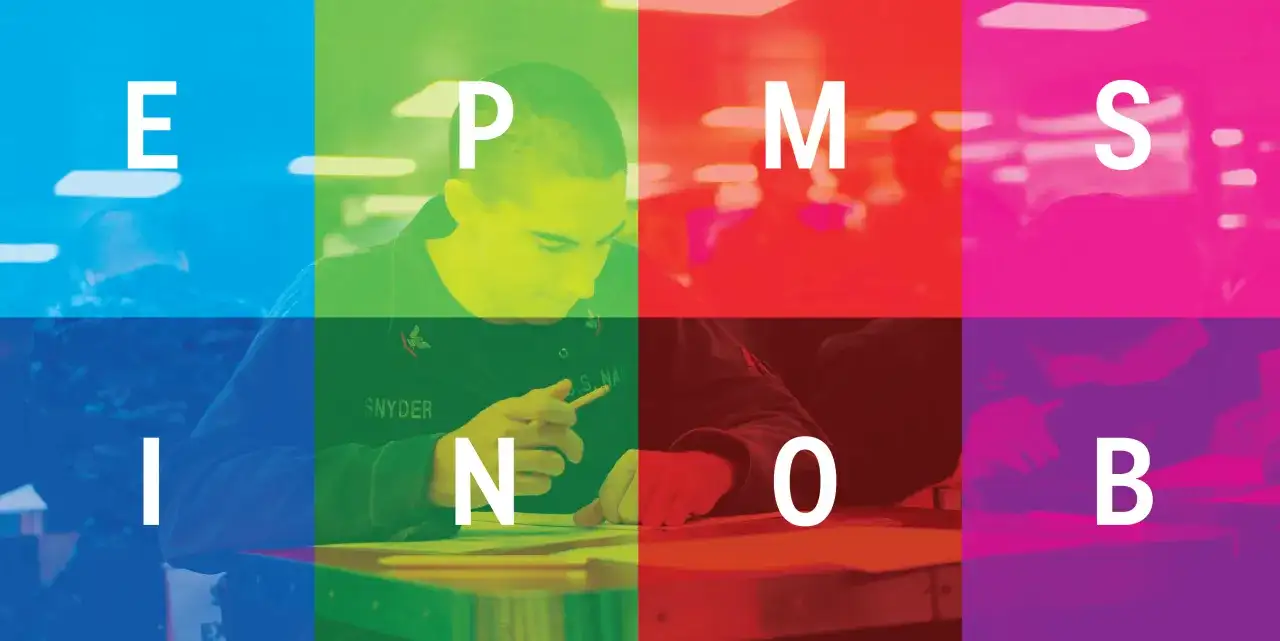 E, P, M, S, I, N, O, B - litery na kolorowym tle, przypominające o tym, mbti co to.