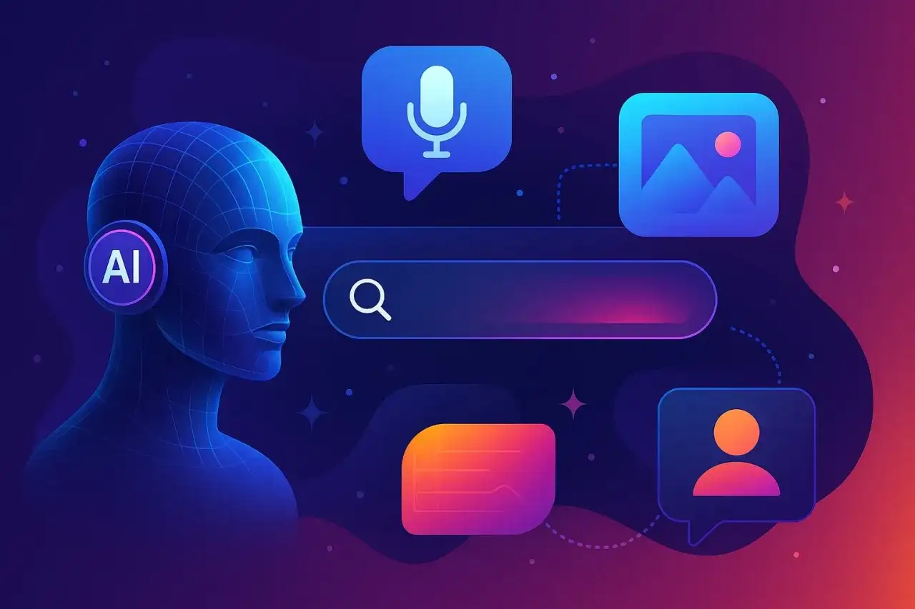 Sztuczna inteligencja ułatwia wyszukiwanie głosowe. Ikony mikrofonu, obrazu i użytkownika symbolizują możliwości AI.