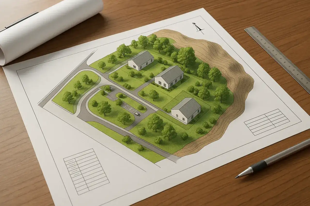 Projekt osiedla z trzema domami. Planowanie, ile kosztuje budowa bloku, wymaga analizy takich projektów.