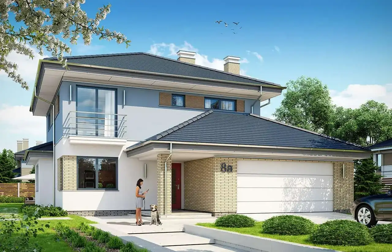 Nowoczesny dom w szmaragdach zieleni, z kobietą i psem czekającymi przed wejściem.