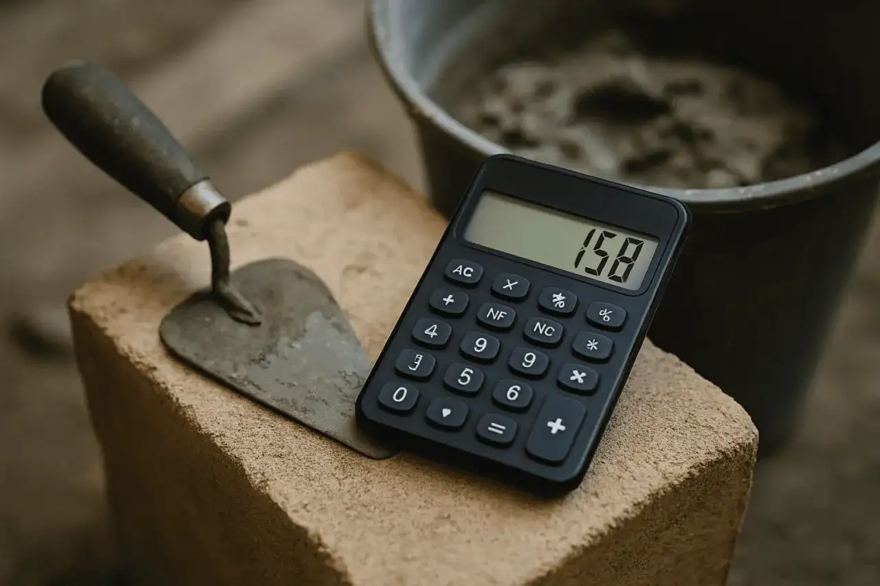 Kalkulator obok kielni i wiadra z zaprawą pomoże Ci jak obliczyć wylewkę betonową.