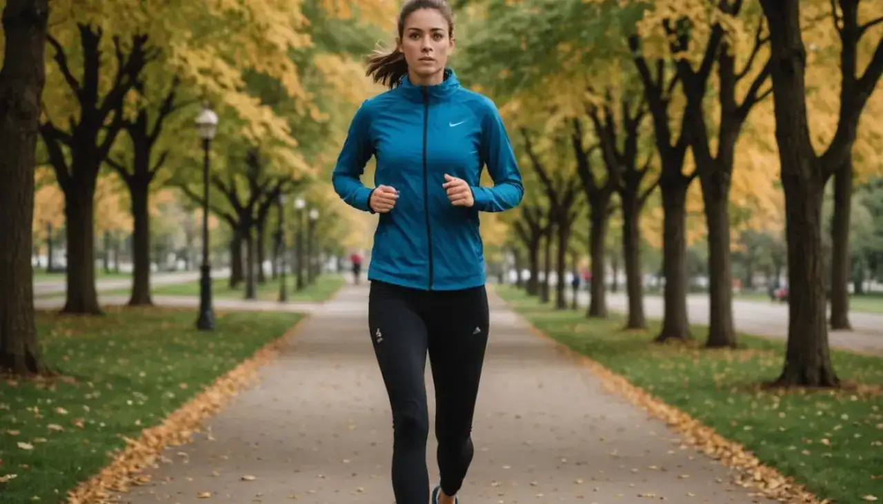 Kobieta biegnie alejką w parku jesienią. Zastanawia się, ile km biegać na początek, by zacząć przygodę z bieganiem.
