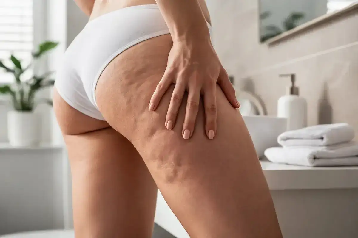 Kobieta dotyka swoich ud z widocznym cellulitem. Szuka sposobów, jak pozbyć się cellulitu z ud domowe sposoby.