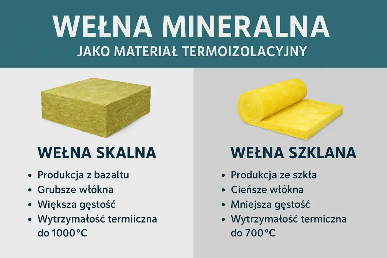 Porównanie wełny skalnej i szklanej. Wełna skalna ma grubsze włókna i większą gęstość, szklana cieńsze i mniejszą.