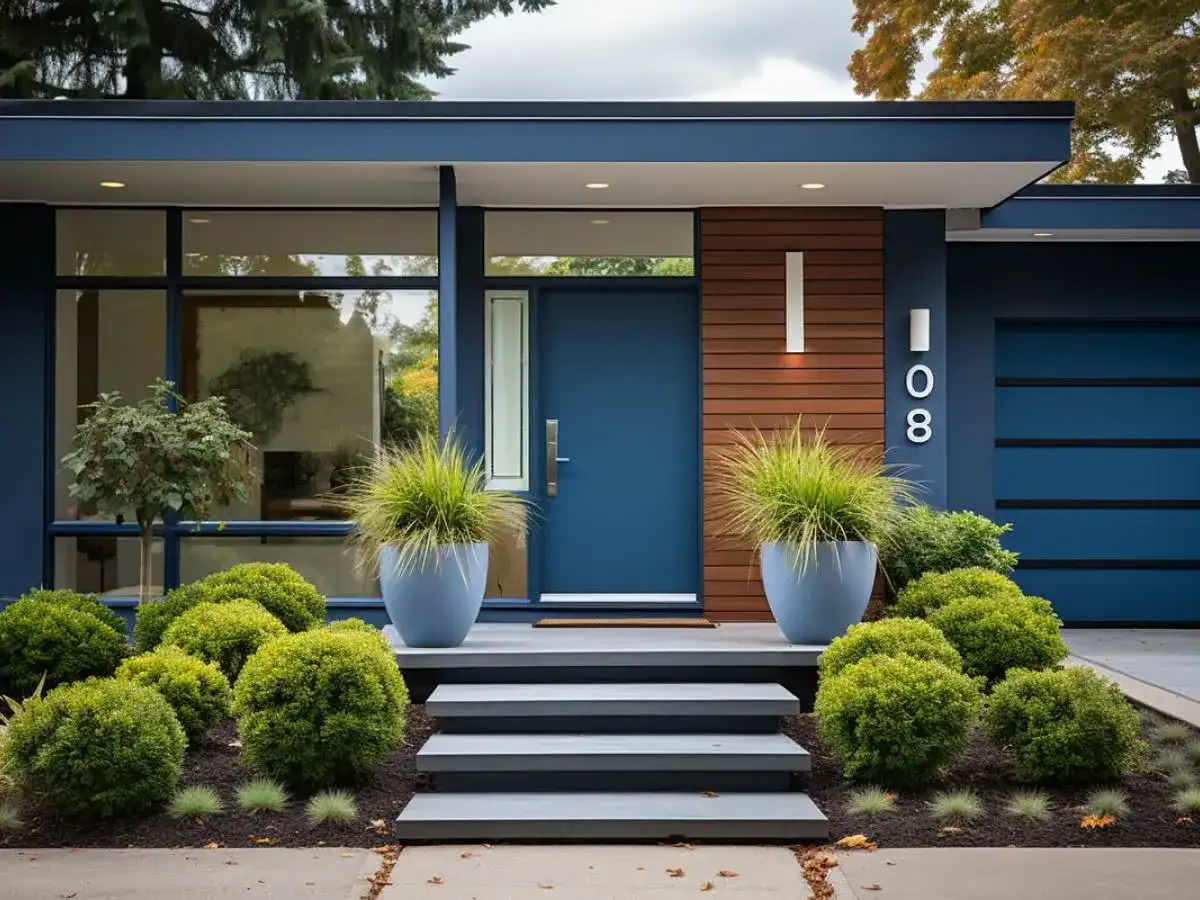 Niebieskie drzwi wejściowe domu z nowoczesną architekturą, otoczone bujną zielenią i ozdobnymi donicami.