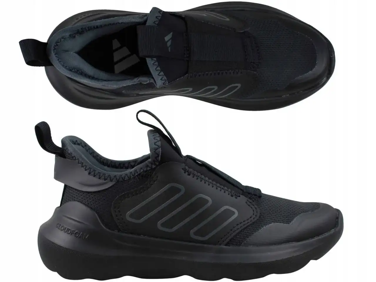 Czarne adidasy dziecięce z siateczką, zapinane na rzep, widok z góry i z boku.