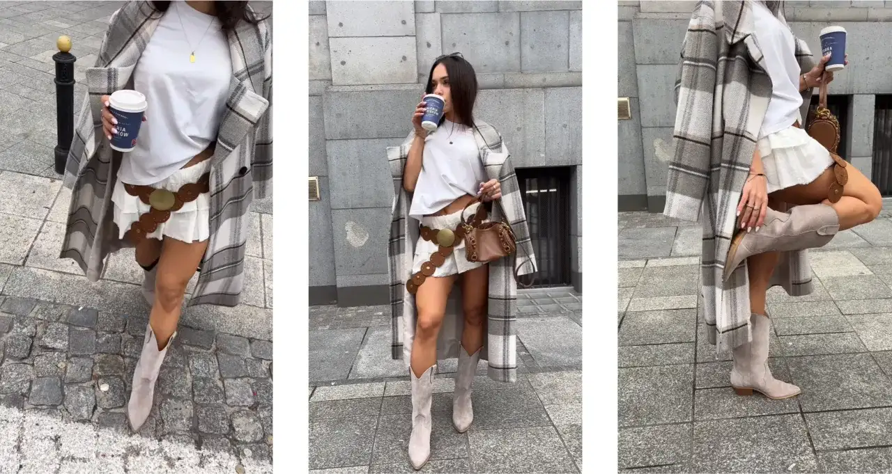 Beżowe kowbojki idealnie uzupełniają stylizacje z białą spódniczką i kraciastym płaszczem.