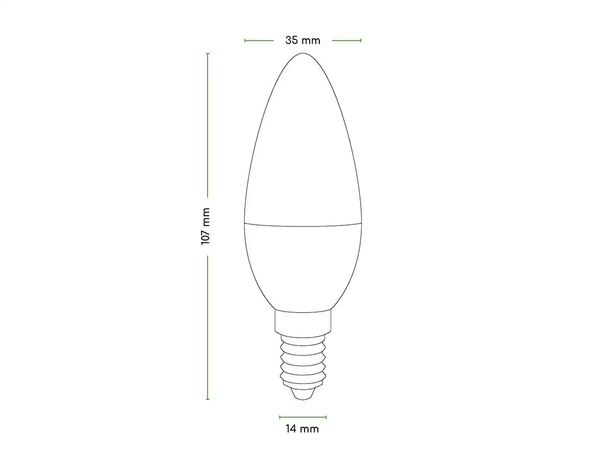 Schematyczna żarówka typu świeca z wymiarami: 107 mm wysokości, 35 mm szerokości, 14 mm gwint.