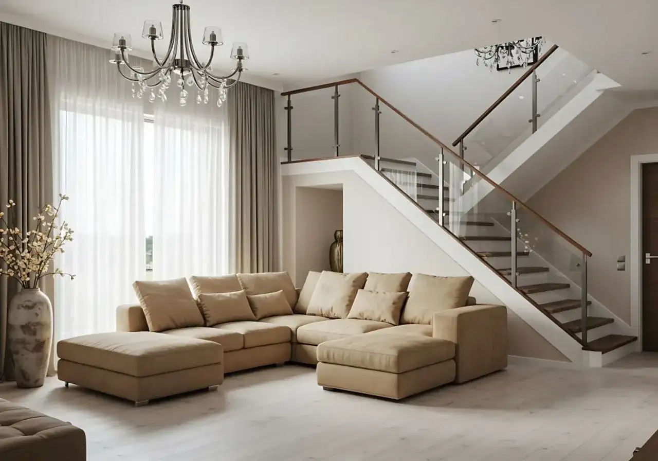 Nowoczesny salon z beżową kanapą i schodami. Elegancki żyrandol, dzieło polskiego producenta żyrandoli, dodaje blasku.