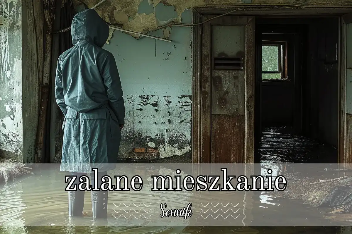Osoba w płaszczu stoi w zalanym mieszkaniu, patrząc w głąb ciemnego korytarza. Sennik zalanie mieszkania może oznaczać emocjonalny chaos.