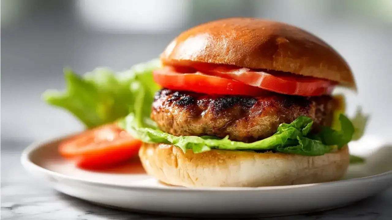 Soczysty burger z mięsa mielonego, sałatą i pomidorem na białym talerzu.