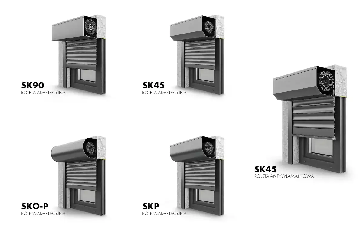 Przekroje różnych modeli obudowy rolety zewnętrznej: SK90, SK45 adaptacyjna, SKO-P, SKP adaptacyjna i SK45 antywłamaniowa.