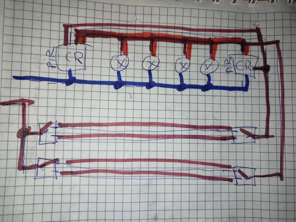 Schemat połączeń elektrycznych, pokazujący jak podłączyć czujnik ruchu na klatce schodowej. Widać przekaźnik, lampy i przewody.