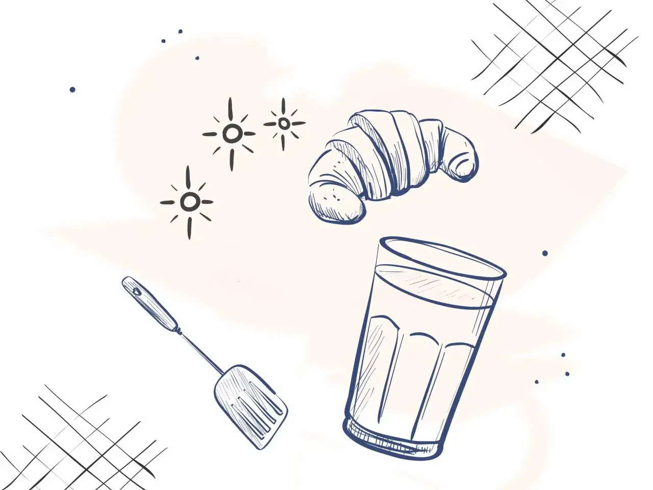 Szkic szklanki, rogalika i łopatki kuchennej na jasnym tle.