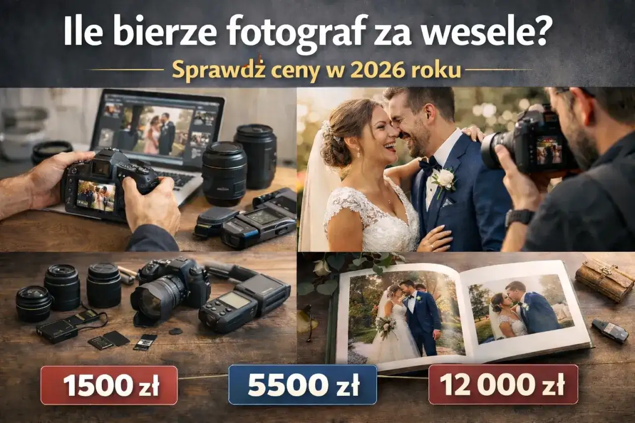 Ile bierze fotograf za wesele? Sprawdź ceny w 2026 roku. Zdjęcia pary młodej, sprzęt fotograficzny i album ślubny. Ceny od 1500 zł do 12000 zł.