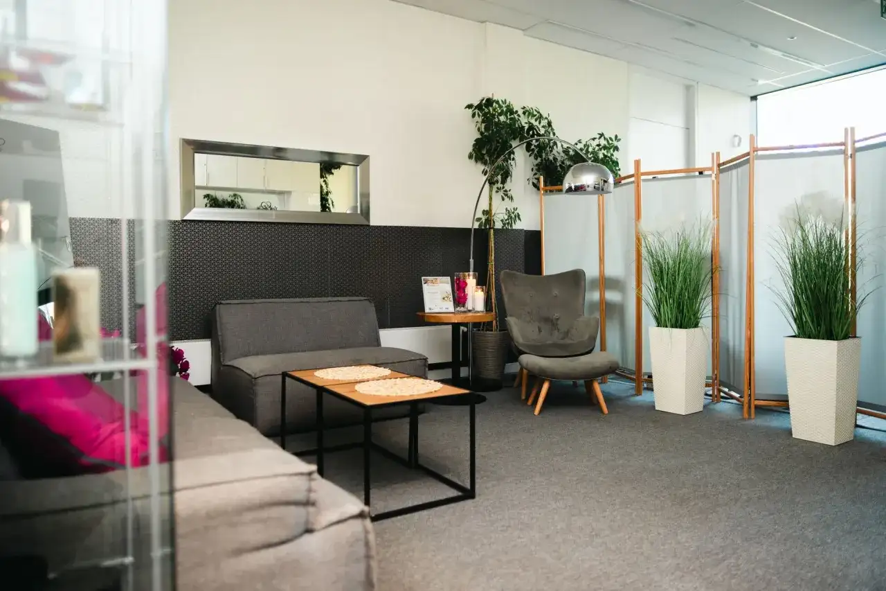 Nowoczesne wnętrze spa z szarymi sofami, fotelem, stolikami i roślinami.