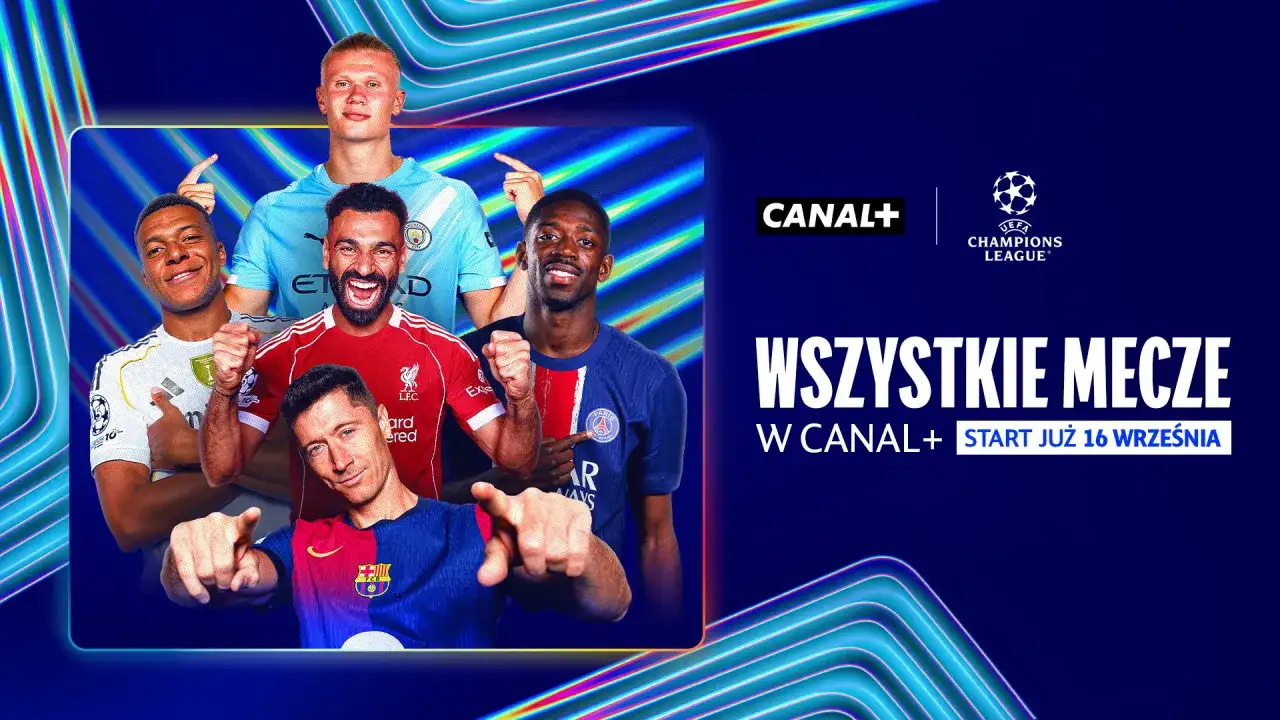 Pięciu piłkarzy w strojach klubowych na tle Ligi Mistrzów i logo Canal+.