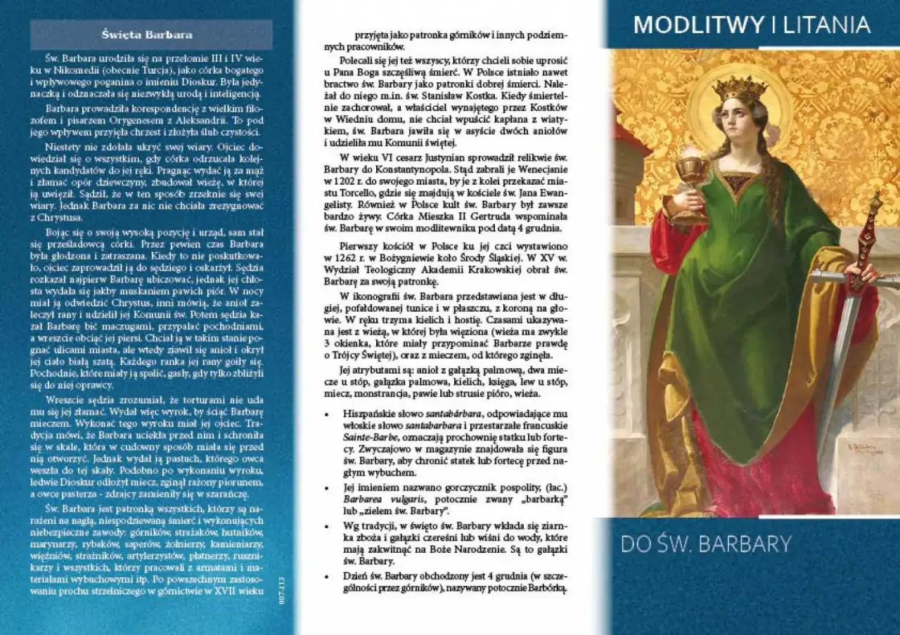 Święta Barbara w zielonej sukni z koroną na głowie, trzymająca kielich i miecz.