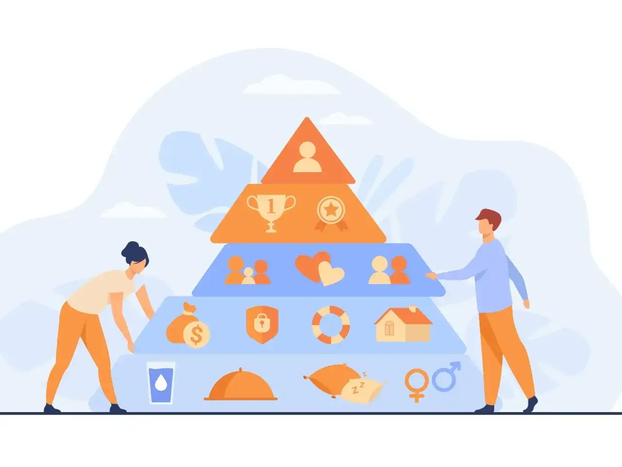 Ludzie budują piramidę potrzeb: od podstawowych (jedzenie, sen) po samorealizację.